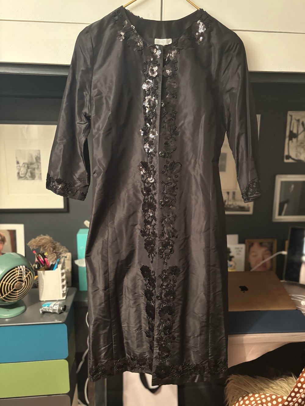 Miguelina Black Satin Embellished Evening Coat